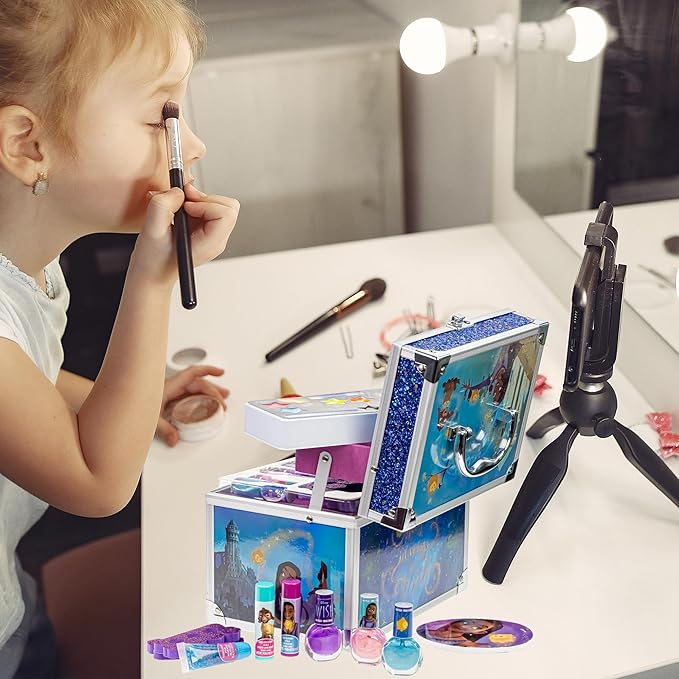 Disney Wish - Townley Girl Train Case Cosmetic Makeup Set Includes Lip Gloss, Eye Shimmer, Brush, Nail Polish, Accessories & more! for Girls, Ages 3+ perfect for Parties, Sleepovers & Makeovers