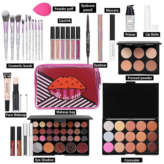 Makeup Kit For Wonmen Full Kit Eyeshadow Eyeliner lipgloss, Lipstick Makeup brushes Mascara Eyebrow pencil Concealer Face Powder Primer make up Set For Girls Beginners
