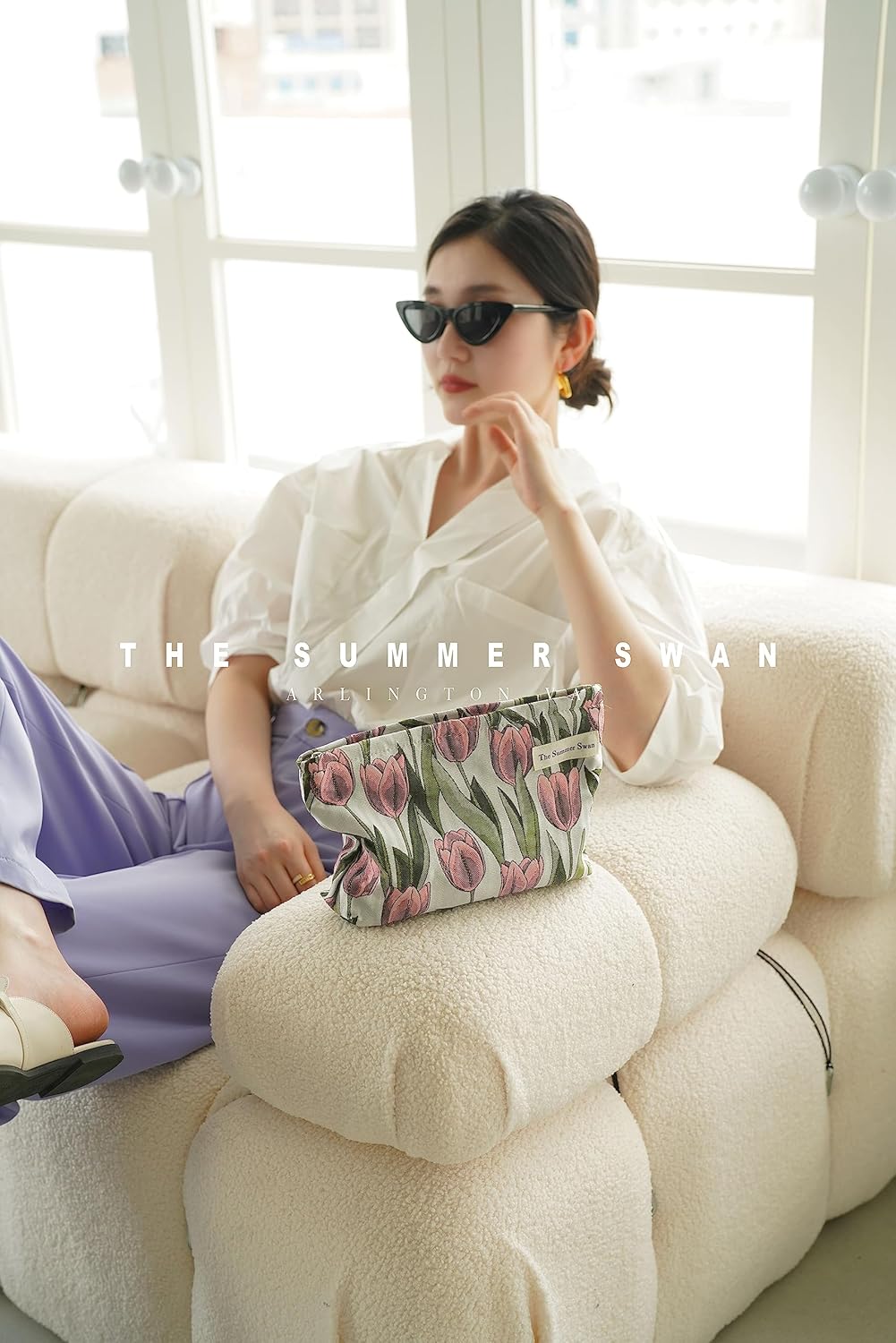 The Summer Swan | Large Aesthetic Makeup Bag Floral Mid-day Clutch Period Kit Hygiene Skincare Cute (Burgundy Tulip)