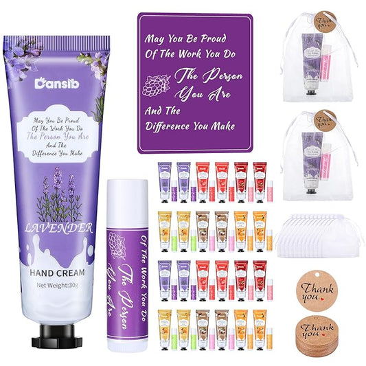 Thank You Gifts for Employee Hand Cream and Lip Balm Bulk Set with Organza Bag Thank You Card Hand Lotion Appreciation Gift Set for Women Men Coworkers Volunteer(24 Set)