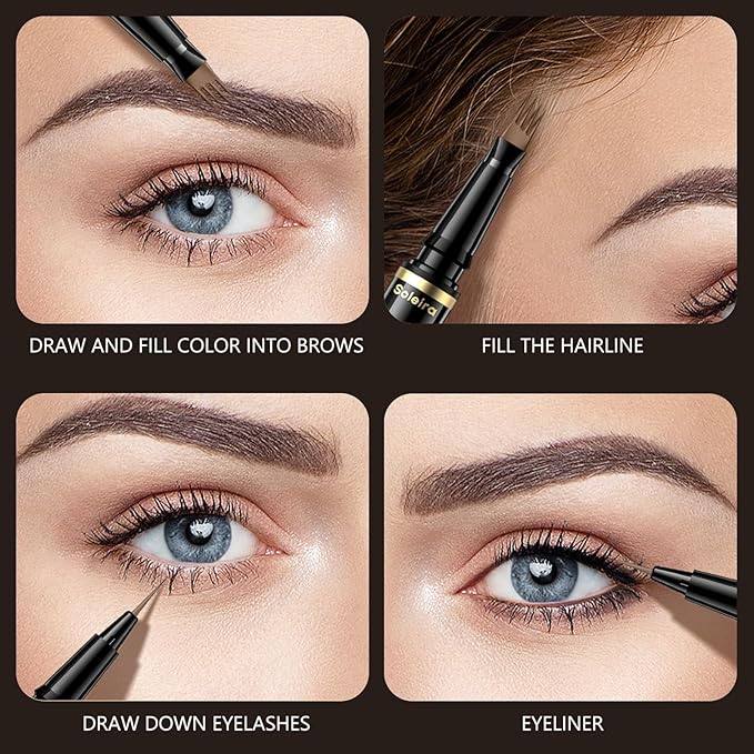 Eyebrow Pen, Soleira Waterproof Eyebrow Pencil with 4 Tip Microblading Eyebrow Pen and Dual-ended Eyebrow Brush, for Natural-Looking Brows, Long-Lasting, Ash Brown