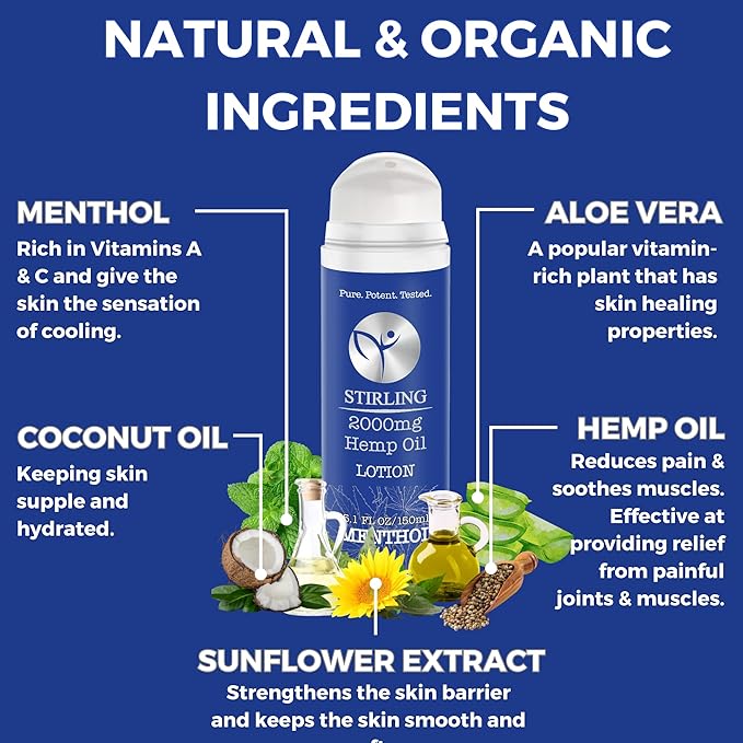 STIRLING Menthol Lotion + Hemp Oil – Maximum strength relief with cooling menthol and 100% pure hemp oil to soothe joints, relax muscles, and hydrate with aloe vera. 5 fl oz. (2000mg, Menthol)