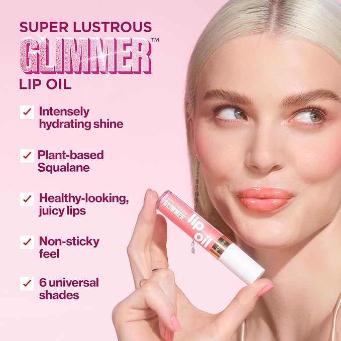 REVLON Super Lustrous Glimmer Lip Oil, Moisturizing & Tinted, Shiny Finish, Made with Plant-Based Squalane, 002 Miss Coral, 0.13 fl oz