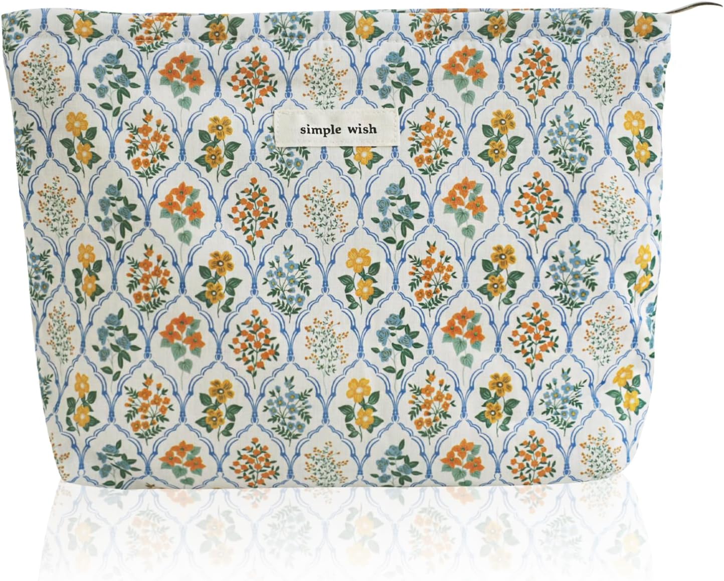 Wudygirl Cute Makeup Bag for Women - Travel Cosmetic Bag with Zipper Makeup Pouch Floral Make up Organizer Handbag Aesthetic (Blue Striped Floral)