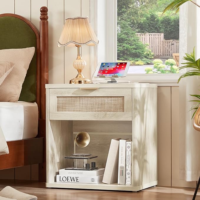 LEYAOYAO Rattan Dresser and Nightstand Sets 3 Piece, Boho Wood Dresser for Bedroom with 6 Drawers and Night Stand with Charging Station, Bedroom Furniture, Dressers & Chests of Drawers, Living Room