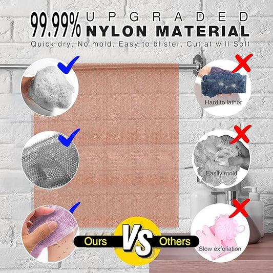 UJFQBH 3 Pieces African exfoliating net African Net Long Net Bath Sponge Exfoliating Shower Body Scrubber Back Scrubber Skin Smoother,Great for Daily Use (Purple、Gray、Brown)