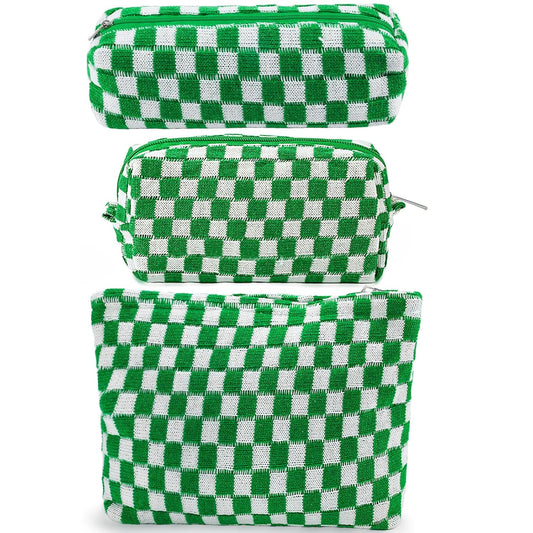 ZLFSRQ 3Pcs Checkered Makeup Bag for Women Large Small Checkered Cosmetic Bag Set Aesthetic Preppy Pencil Case Cute Pencil Pouch Green Makeup Pouch for Purse Travel Toiletry Bags Zipper Skincare Bags