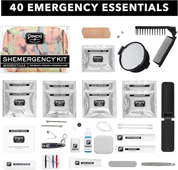 Pinch Provisions Shemergency Kit for Her, 40 Emergency Essential Items, Compact, Multi-Functional Pouch, Gift for Women, Birthday, Bachelorette Parties, and More!