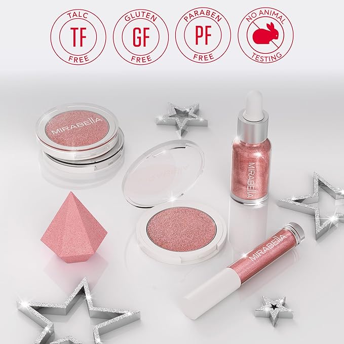 Mirabella 4-Piece Makeup Set for Women & Girls, Illuminizing Holiday Gift Set - Make-Up Set Includes Lip Gloss, Glow Drops, Powder Highlight & Blender Sponge - Talc-Free & Paraben Free Cosmetic Set