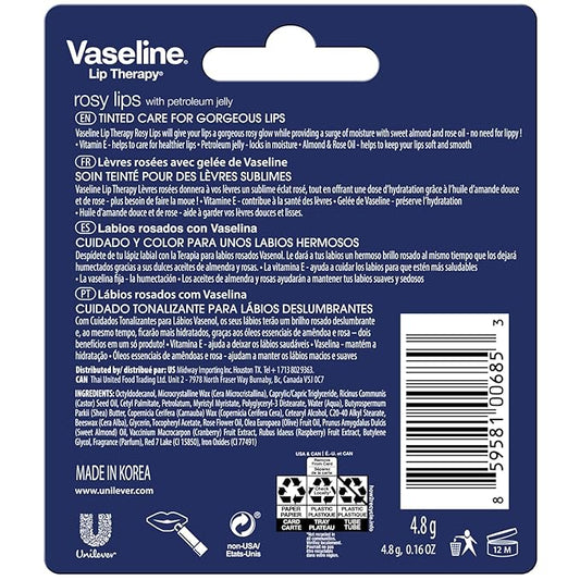 Vaseline Lip Therapy Rosy Lips - Hydrating Lip Balm Pack, Vaseline Stick, Lip Moisturizer for Dry Lips, 0.16 Oz Each (Pack of 8)