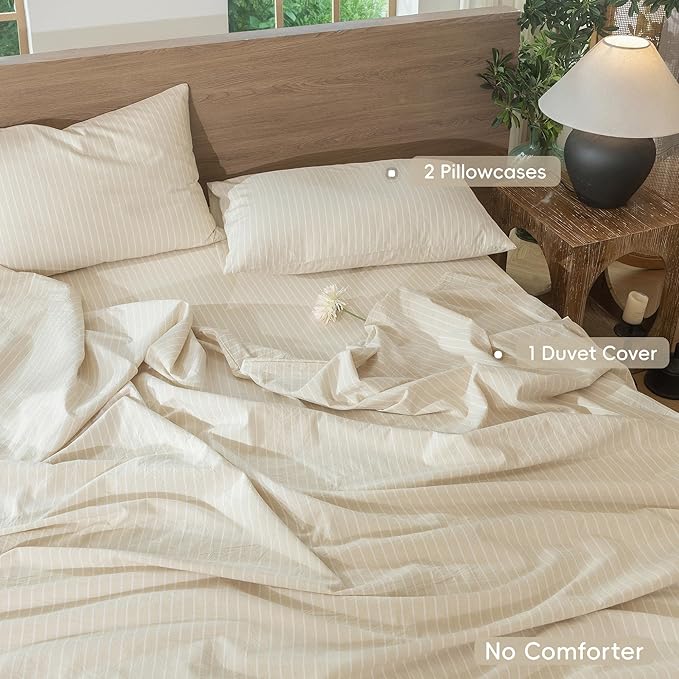 MooMee Striped Duvet Cover Set 100% Washed Cotton Linen Like Textured Breathable Durable Soft Comfy (Almond Milk Grey White Wide Stripes, Oversized Queen 98"x98")