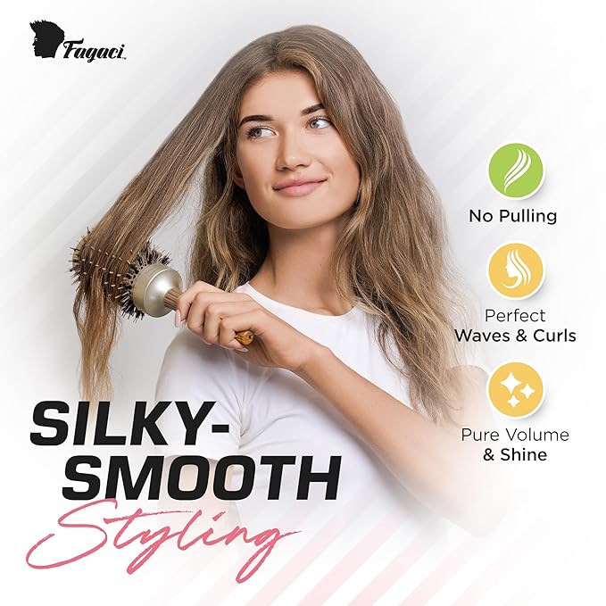 Fagaci Professional Large Round Brush with Natural Boar Bristles for Blow Drying, Nano Technology Ceramic+Ionic for Hair Styling, Volumizing and Healthy Hair - 4 Styling Clips Included