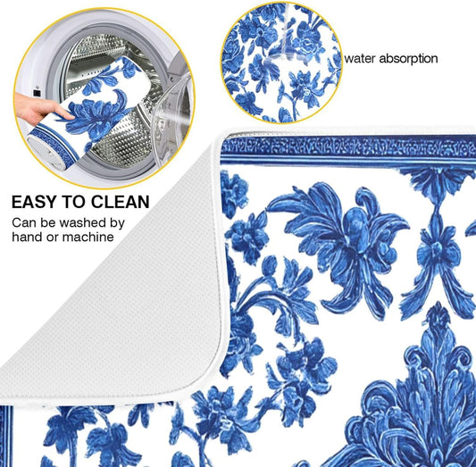 Blue White Porcelain Floral Dish Drying Mat for Kitchen Countertop 16x18 Rectangle Small Drying Mat Reusable Quick Dry Dish Sink Absorbent Mats Dishwasher Easy Clean Decorative Home Decor Essentials
