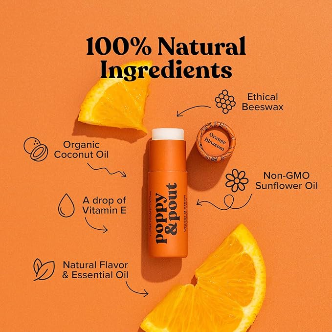 Poppy & Pout Orange Bloom Jumbo Lip Balm | All Natural Lip Balms & Moisturizers | Hydrates with Beeswax, Vitamin E, Organic Coconut Oil | Cruelty-Free | Lip Balm in Recyclable Cardboard Tube