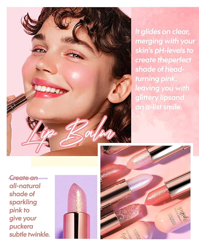 Glimmer Balm, Tinted Lip Balm Long Lasting PH Lipstick, Color Changing Lipstick Natural Chapstick, Glitter Pink Shade Lipstick (Pearl)