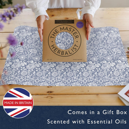 Lavender Scented Drawer Liners in a Blue William Morris Design | Pack of 5 Folded Sheets | Contains Lavender Essential Oils | Made in The UK.