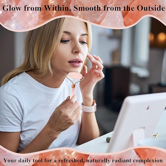 Natural Jade Roller for Face - Aging Wrinkles, Puffiness Facial Skin Massager Treatment Therapy - Premium Jade Stone, by Crystal Lemon (Rose Quartz)