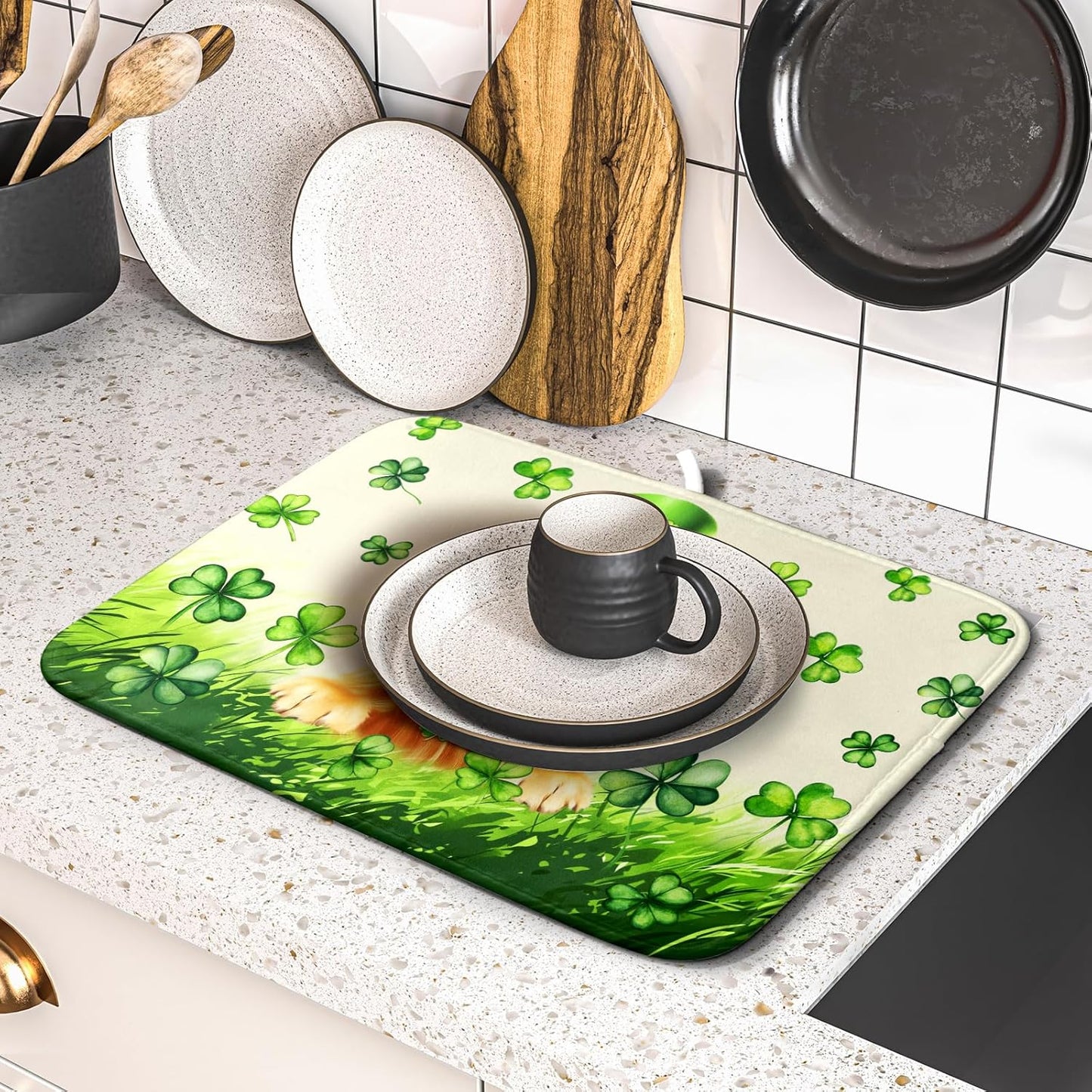 St Patrick's Day Dog Dish Drying Mat 16x18 inch Green Shamrock Dishes Pad Absorbent Microfiber Dish Drainer Mat for Kitchen Counter Coffee