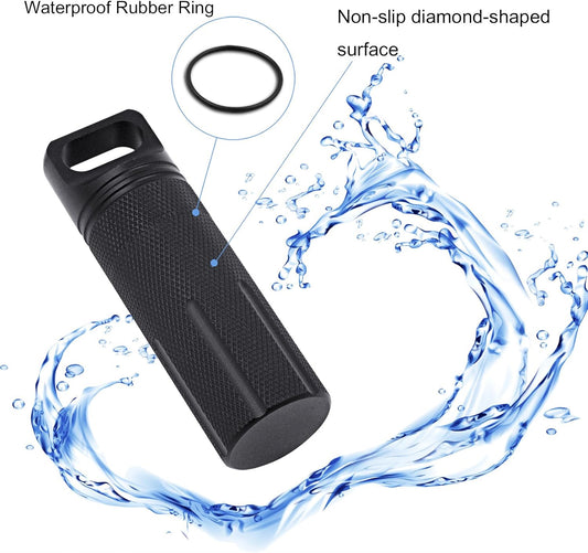SHD Outdoor EDC Pill Box Container,Black Aluminum Alloy Single Chamber Capsule Waterproof Pill Holder Case for Hiking Camping