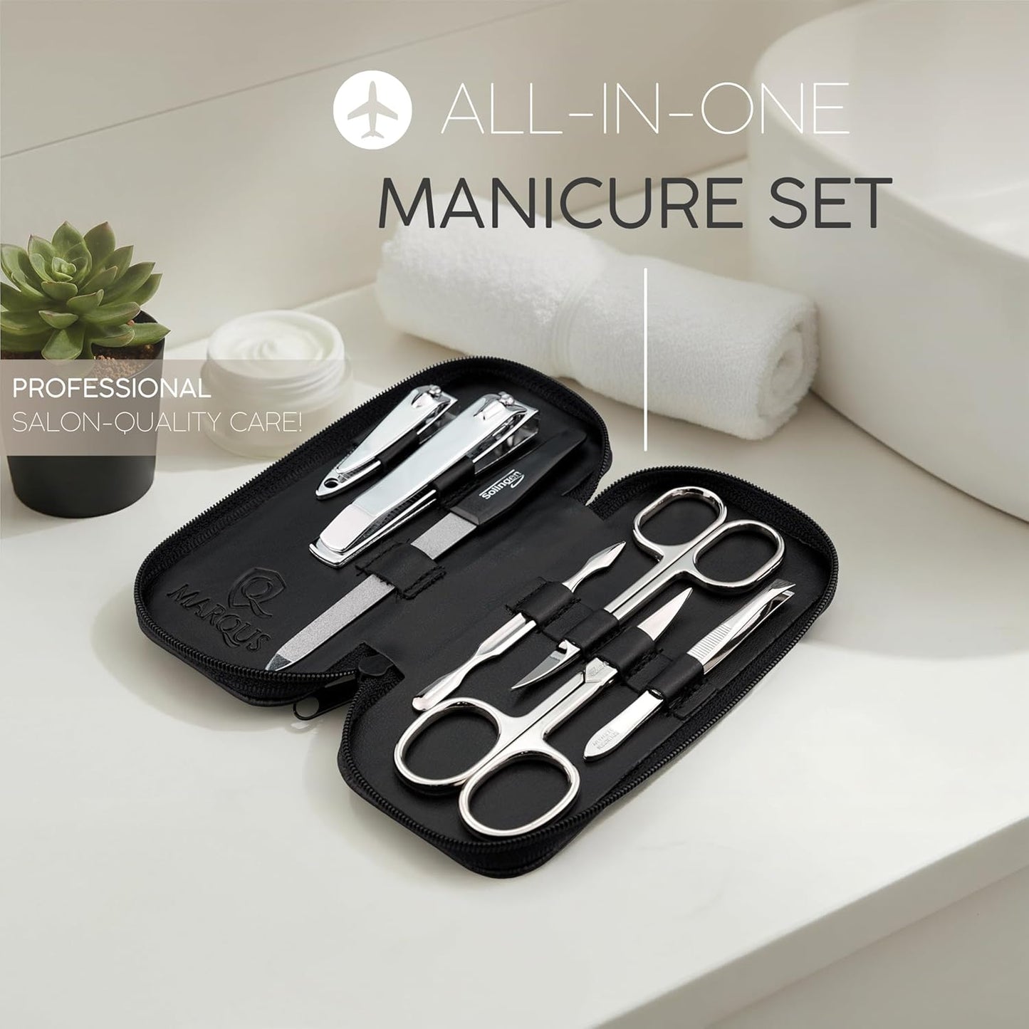 Manicure Set Solingen Made in Germany - 7 Piece Exclusive Finger & Toe Nail Clippers Kit for Women and Men in Real Leather Case, Color Black