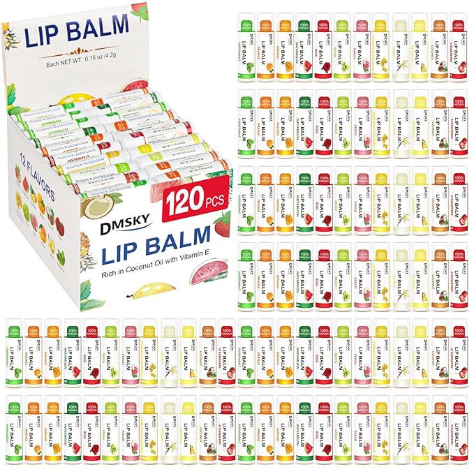 DMSKY 120 Pack Lip Balm, Lip Balm Bulk with Vitamin E and Coconut Oil, Moisturizing Lip Balm for Dry Lips, Stocking Stuffers for Women Girls-12 Flavors