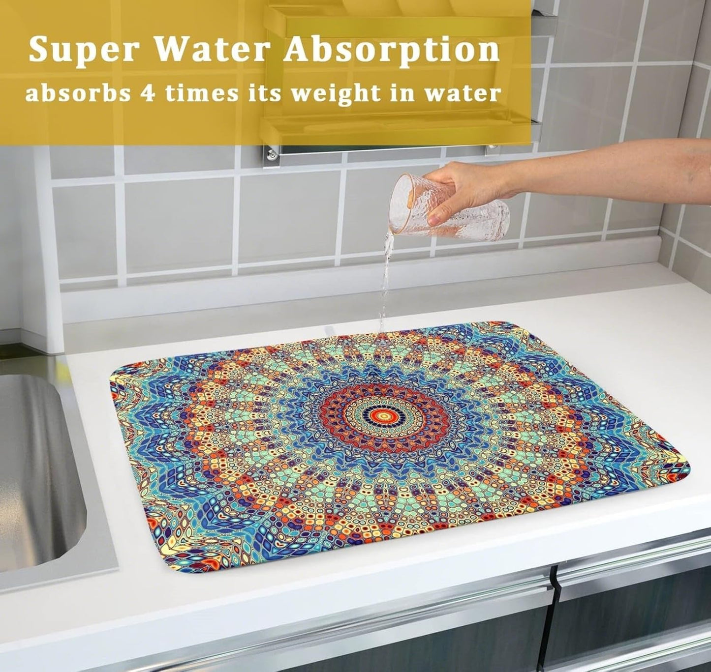 Bohemian Mandala Dish Drying Mat for Kitchen Counter Boho Microfiber Dish Drying Mats 18 x 24 Inch with High Absorbent Reversible Microfiber Dish Drying Pad Rack Mat for Coffee Bar