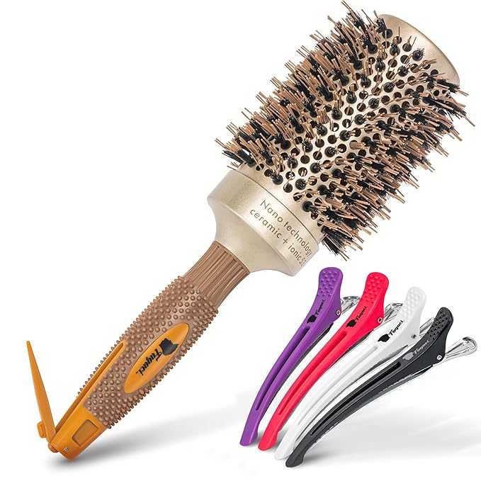 Fagaci Professional Large Round Brush with Natural Boar Bristles for Blow Drying, Nano Technology Ceramic+Ionic for Hair Styling, Volumizing and Healthy Hair - 4 Styling Clips Included