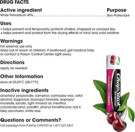 ChapStick Classic Cherry Lip Balm Tubes for Lip Care - 0.15 Oz (Pack of 3)
