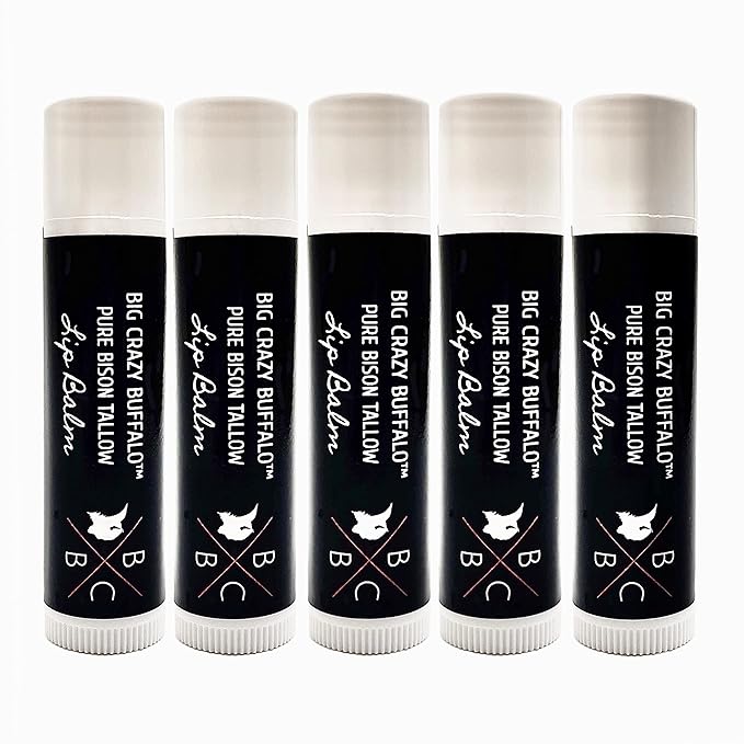 Pure Bison Tallow Lip Balm, Unscented, (5 pack) - Moisturizing, Non-Habit Forming, Soothes Chapped Lips