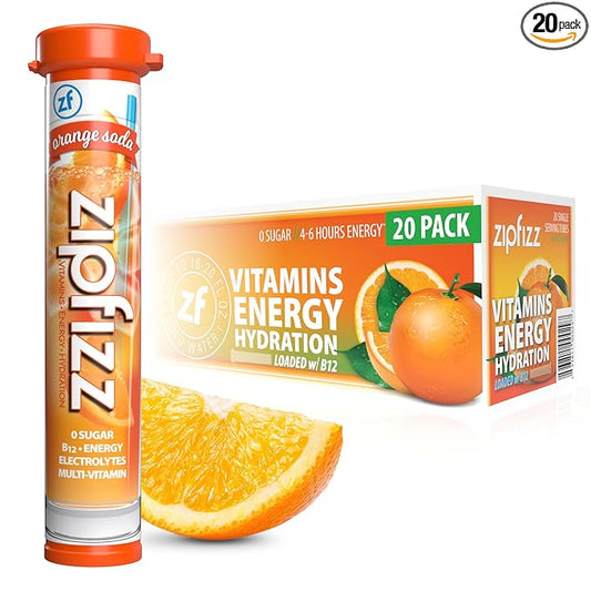 Zipfizz Daily Energy Drink Powder, Orange Soda, 20 Pack | 3-in-1 Sustained Energy, Rapid Hydration, and Essential Vitamins | Sugar-Free | Electrolyte Powder | Contains Vitamin B-12 & Antioxidants