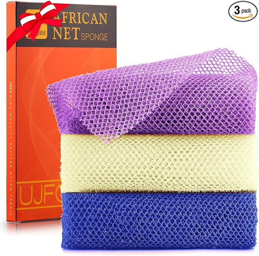UJFQBH 3 Pieces African Bath Sponge African Net Long Net Bath Sponge Exfoliating Shower Body Scrubber Back Scrubber Skin Smoother,Great for Daily Use (Purple,Blue,Off-White)