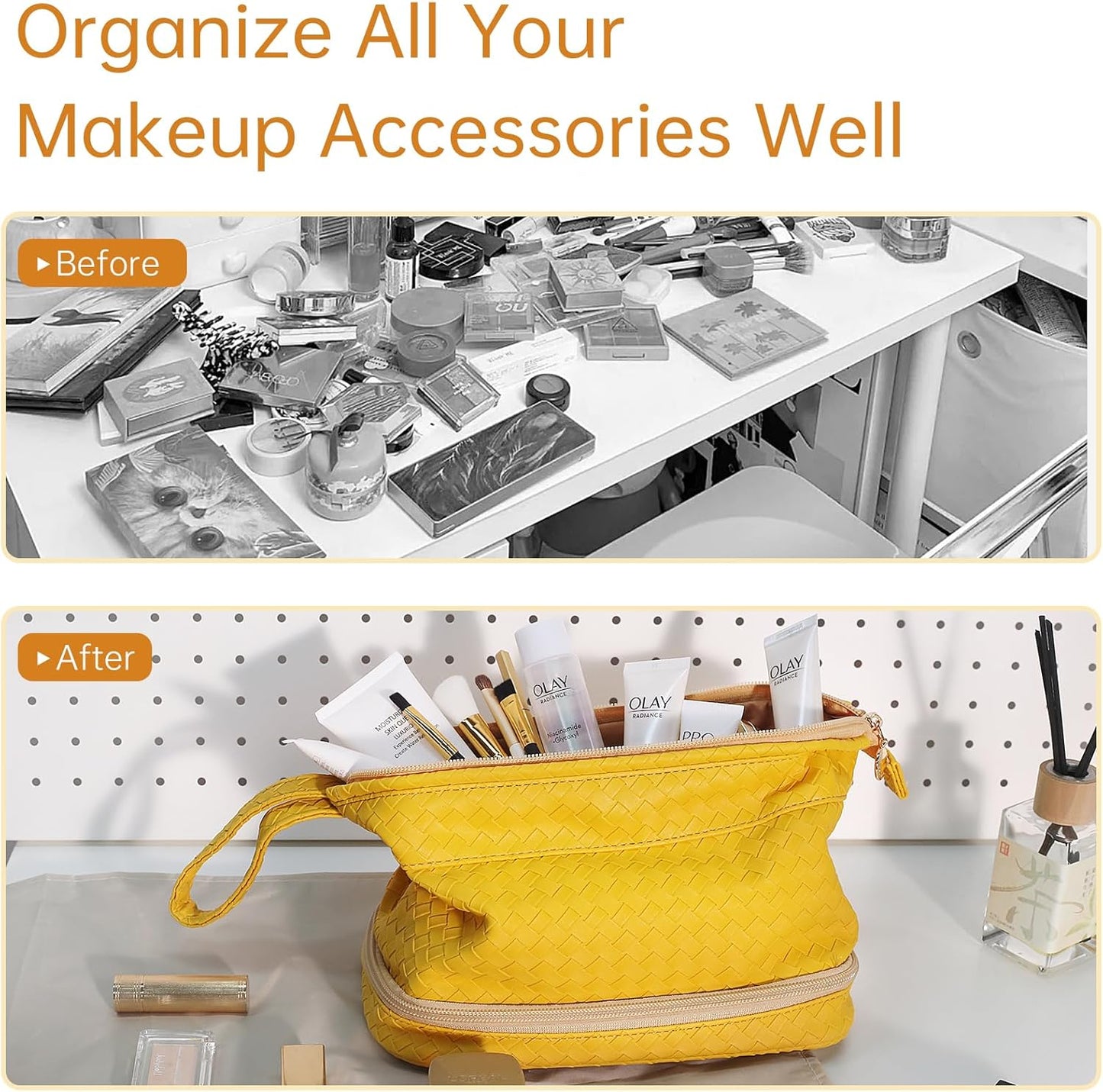 Abiudeng Large Capacity Makeup Bag Ladies Cosmetic Bag Travel Bag with Compartments Portable PU Leather Travel Makeup Bag with Handle