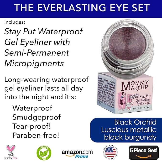 The Everlasting Eye 5 Piece Waterproof Makeup Set. Gel Eyeliner, Creme Eyeshadow, 2 brushes and Mesh Bag. Paraben-free, Talc-free, Cruelty-free. Duchess/Black Orchid 1708