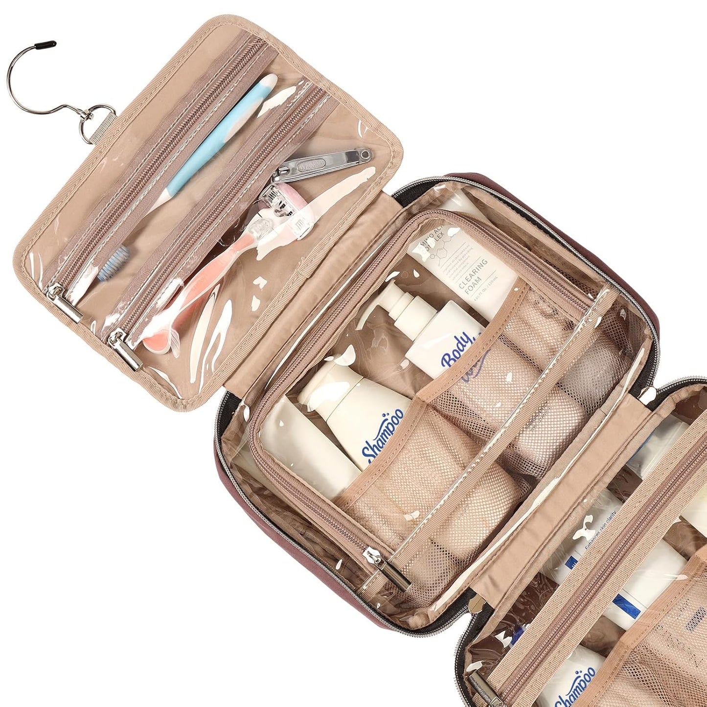 NISHEL Travel Toiletry Bag for women, Portable Hanging Organizer for Travel-Sized Shampoo, Conditioner, Brushes Set, Makeup Accessories, Medium Size, Rosewood-Pink