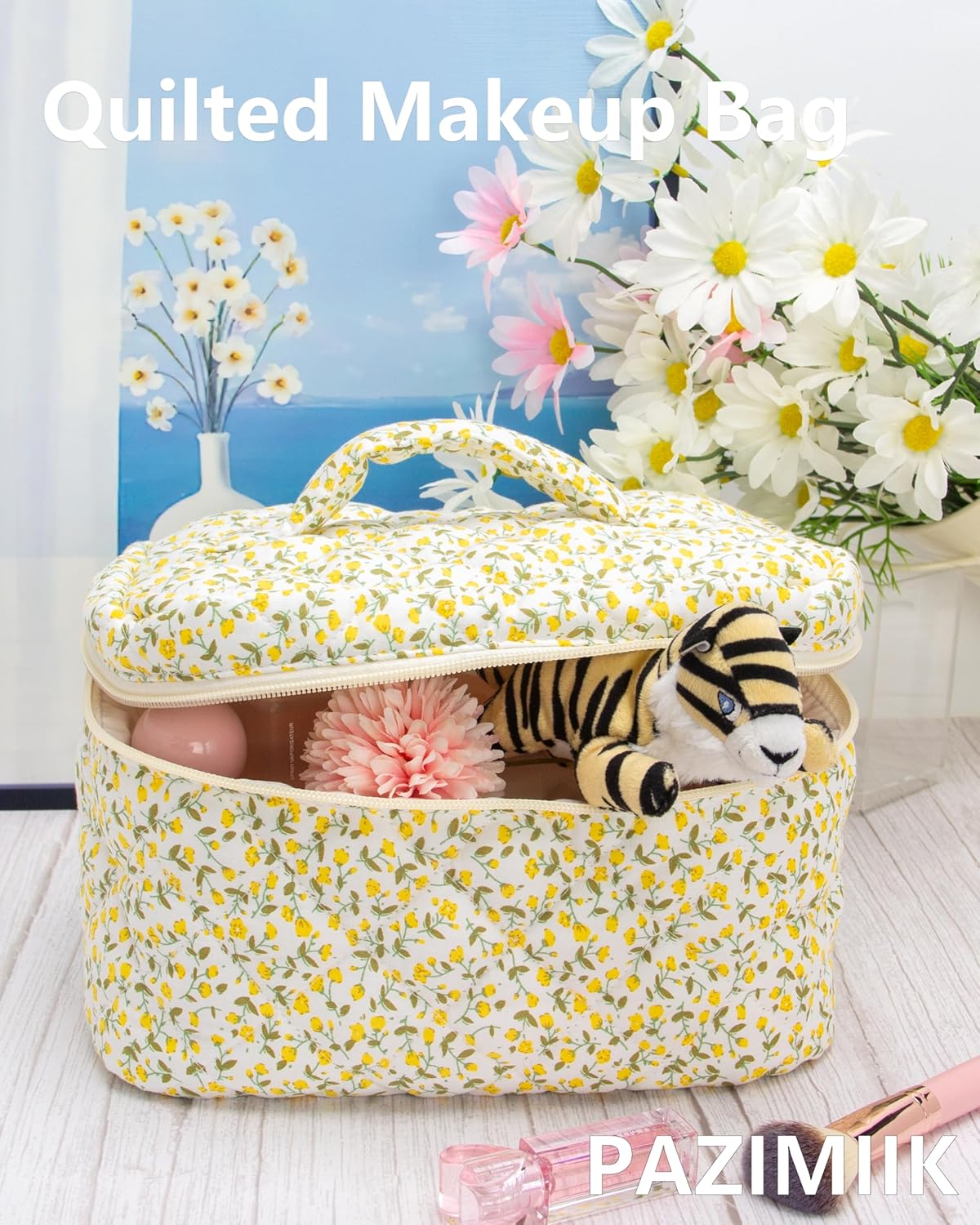 PAZIMIIK Quilted Makeup Bag Large Travel Zipper Soft Cosmetic Case for Women Girls Make Up,Floral Yellow