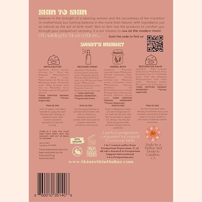 Skin to Skin Postpartum Kit-4 Piece Set in Cosmetic Bag - Postpartum Recovery - Includes: Herbal Bath, Recovery Spray, Restorative Salve, and Nipple Butter - Postpartum Care Kit - After Birth Care Kit