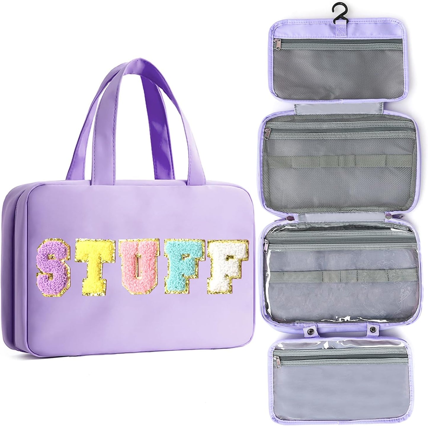 Toiletry Bag for Women Chenille Letter Makeup Bag Water-resistant Cosmetic Bag Travel Bag with Hanging Hook Preppy for Store Toiletries Cosmetic Accessories Large Capacity Purple