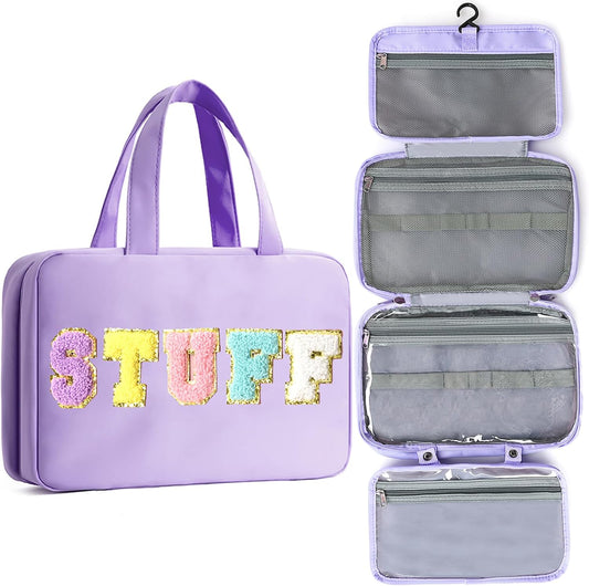 Toiletry Bag for Women Chenille Letter Makeup Bag Water-resistant Cosmetic Bag Travel Bag with Hanging Hook Preppy for Store Toiletries Cosmetic Accessories Large Capacity Purple