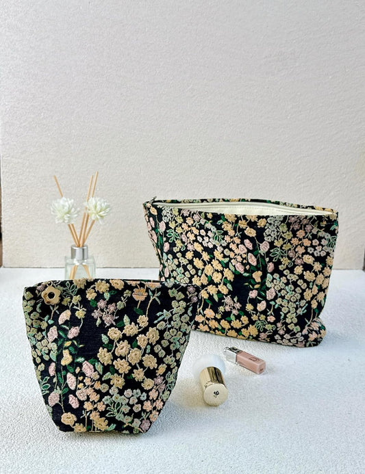 2 Pcs Makeup Bags, Large Cosmetic Bag Travel Toiletry Bag Organizer for Women, Embroidery Craft, Floral Makeup Bag Small Cosmetic Pouch Purse with Zipper Gifts for Girls Teen