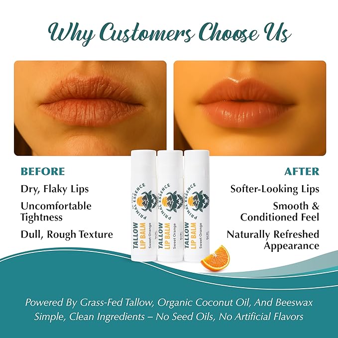 Moisturizing Tallow Lip Balm – Grass-Fed Beef Tallow with Organic Coconut Oil, Beeswax, and Vitamin E – Sweet Orange – Lip Balm Set – Travel Essential – 3-Pack