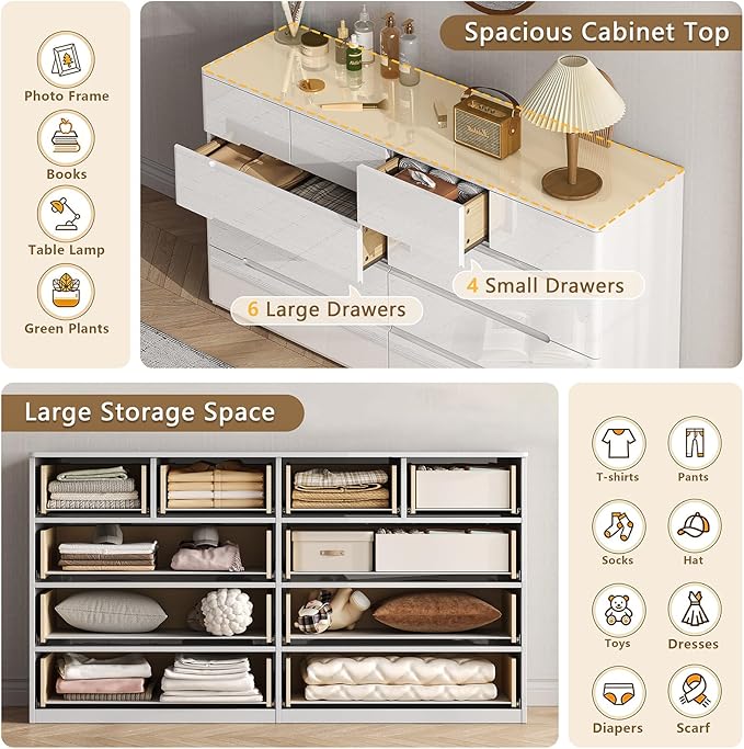 10 Drawer White Dresser for Bedroom, 55" Long Dresser Chest of Drawers, Large High Gloss Modern Storage Cabinet with Big Drawers Handle Free, Living Room, Entryway, Hallway