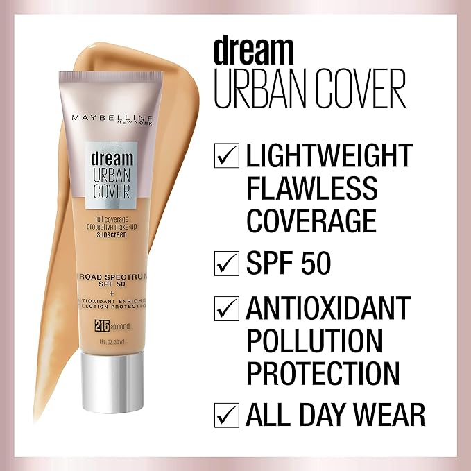 Maybelline Dream Urban Cover Flawless Coverage Foundation Makeup, SPF 50, Cafe Au Lait