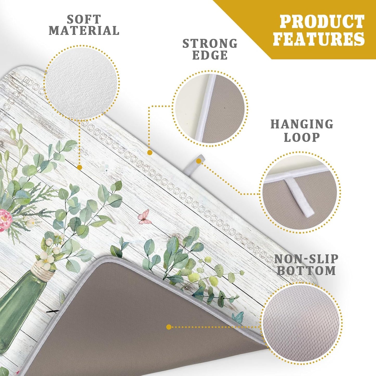 Fern Leaf Vase Dish Drying Mat 18x24 Inch Eucalyptus Leaves Microfiber Absorbent Dish Drainer Mat Reversible Drying Pad for Kitchen Counter Sink