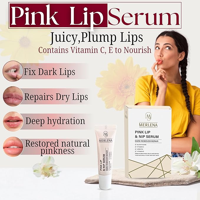 Merlena Pink Lip & Nip Serum - Hydrates and Repairs Dry, Peeling Lips and Nipples, Adds Collagen for Plumpness, Soothes Flaky Skin, Organic Vitamin C & E Formula 8ml