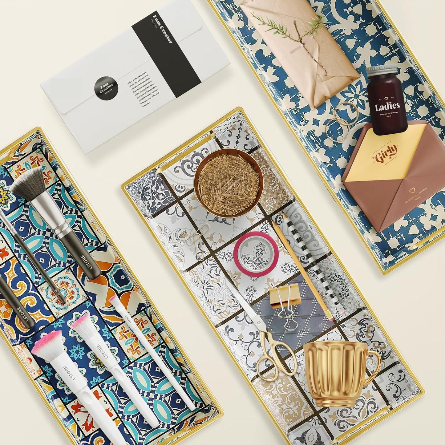 Bathroom Vanity Tray for Countertop, Small Plastic Toilet Tank Tray Versatile Storage & Organization Tray for Makeup, Perfume, Desk, Kitchen, Candles, 13.7"x6"x1.4", 35Boho3