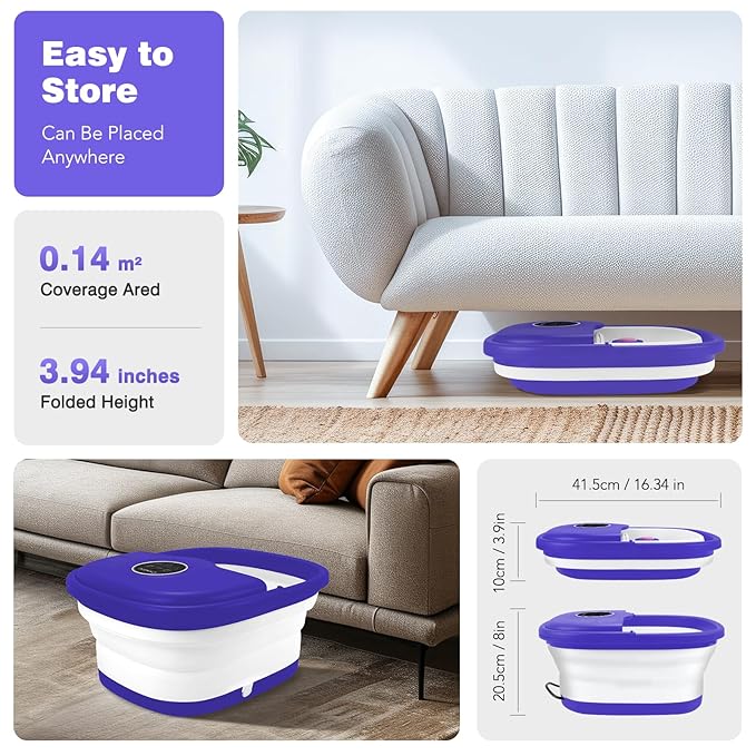 Collapsible Foot Spa with Heat, Remote Control, Temperature Control, Bubbles, Pumice Stone, Red Light, Timer, 16 Massage Roller Pedicure Foot Bath Tub Foot Soaker for Feet Stress Relief, Purple