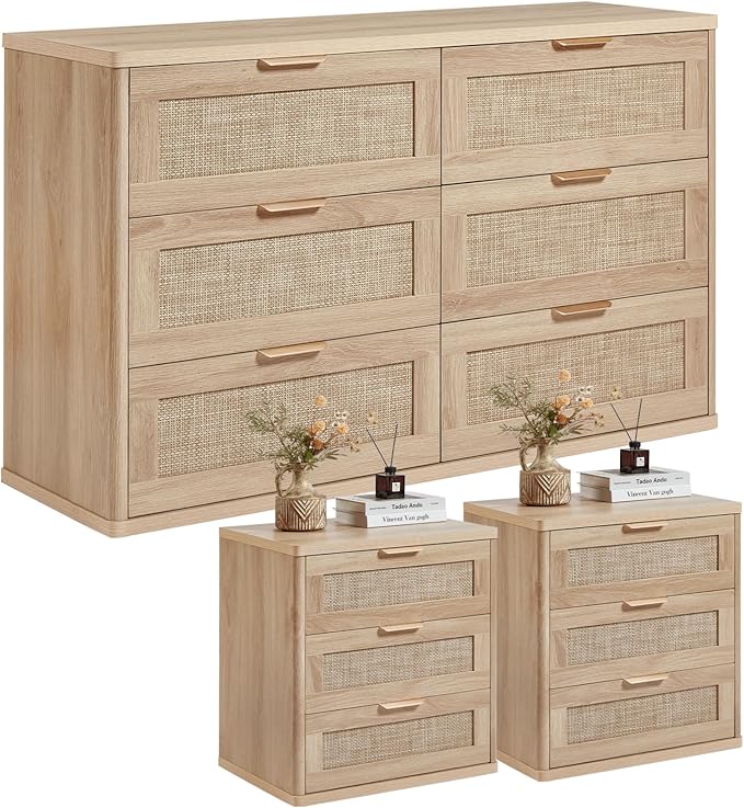 LEYAOYAO Rattan Dresser and Nightstand Sets 3 Piece, Boho Wood Dresser for Bedroom with 6 Drawers and Night Stand with 3 Drawer, Bedroom Furniture, Dressers & Chests of Drawers, Living Room, Hallway