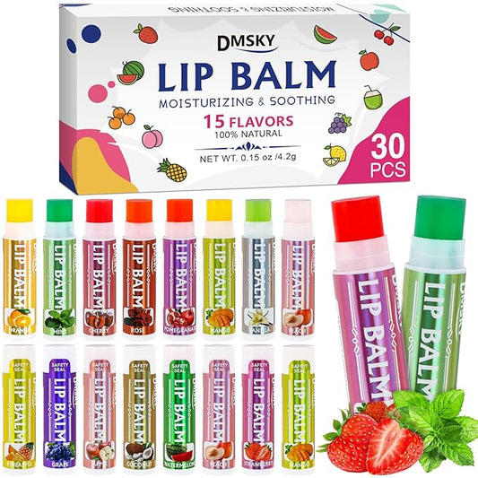 Dmsky Lip Balm 30 Pack, Colorful Lip Balm Bulk with Vitamin E and Coconut Oi, Hydrating Moisturizing Lip Balm Set for Men Women- 15 Flavors