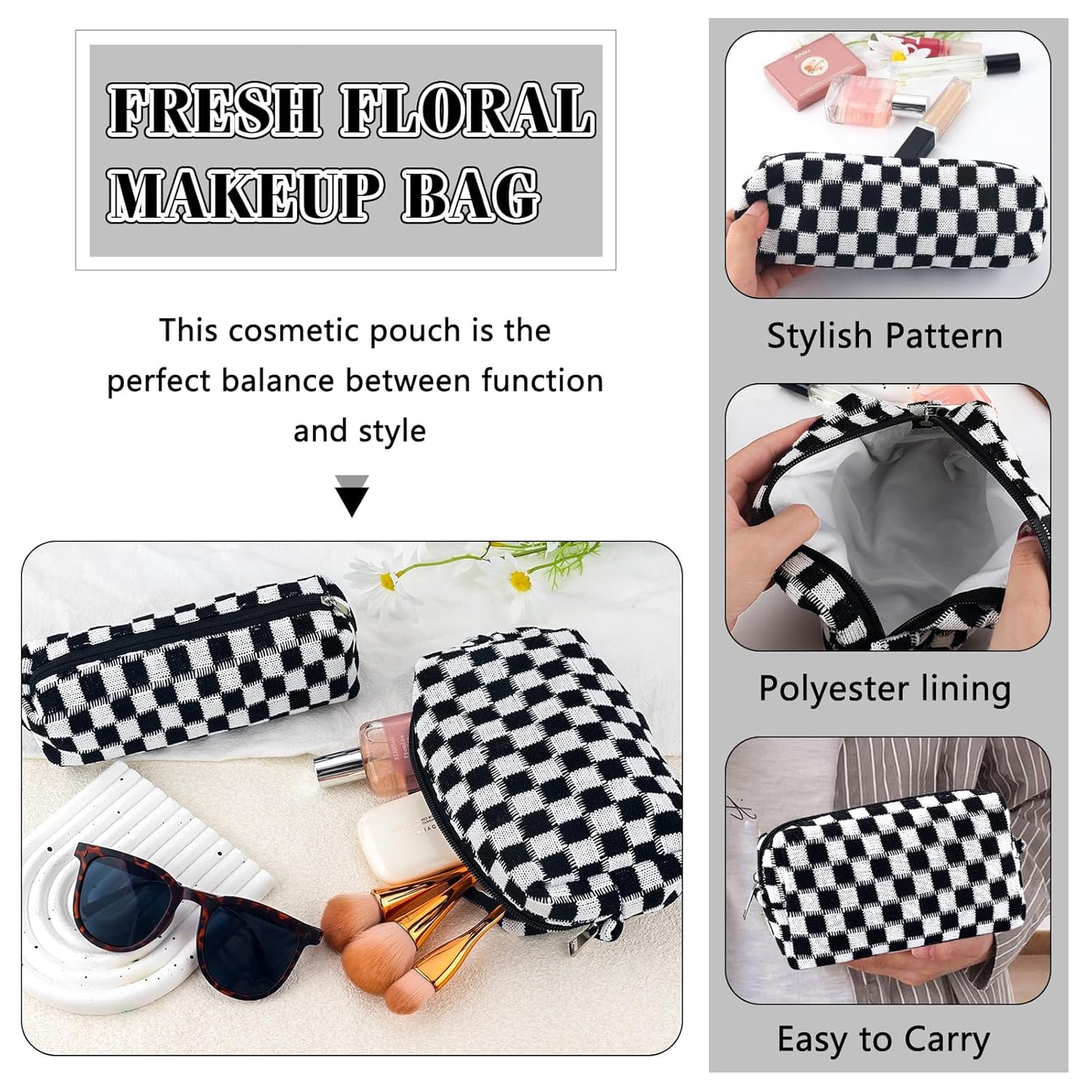 2Pcs Checkered Pencil Case Cute Pencil Pouch for Teens Checkered Makeup Bag Travel Cosmetic Bag Set Cute Makeup Pouch for Purse Portable Zippered Skincare Bags Preppy Toiletry Bags Organizer(Black)