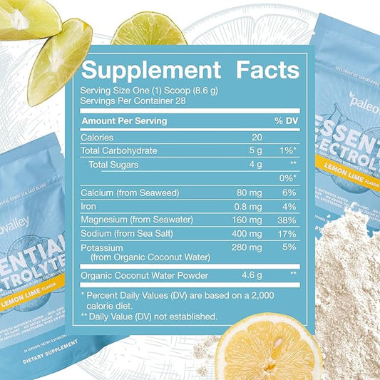Paleovalley Essential Electrolytes Powder - Full Spectrum Lemon Lime Electrolyte Powder for Hydration, Energy and Muscle Recovery - No Sugar Added - 28 Servings